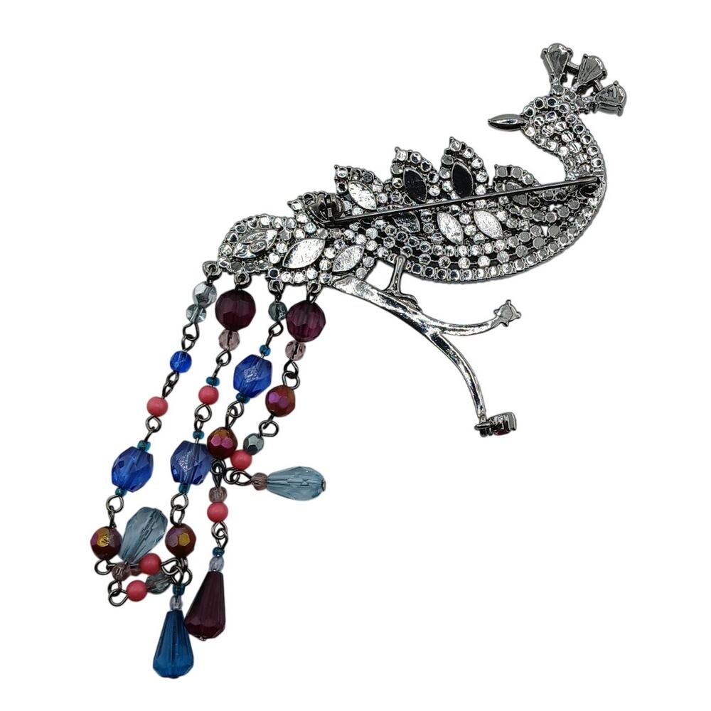 Avon Silvertone Peacock Rhinestone And Beaded Dangle Brooch Timeless Elegant - Picture 5 of 6